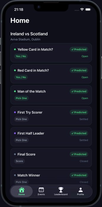 CalledIt app showing all prediction markets for a match