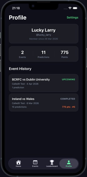 CalledIt profile screen showing prediction stats and event history